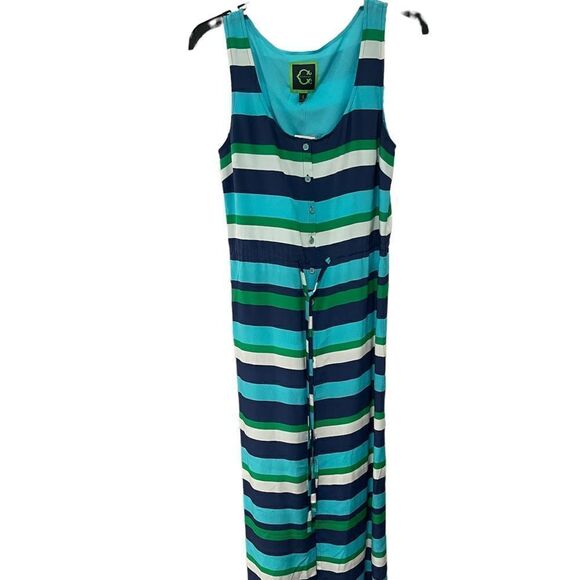 C. Wonder Blue Aqua White Striped Sleeveless Maxi Dress Silk - Picture 2 of 3